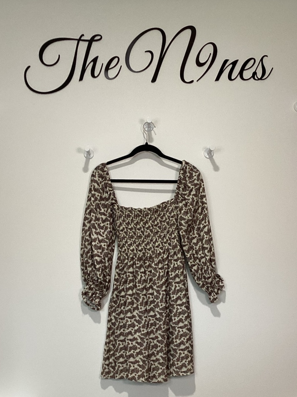 KOURT Cream & Brown Smocked Long Sleeve Dress EUC Large